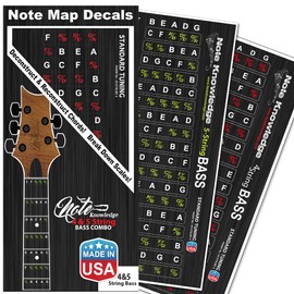 4 & 5 String Bass Guitar Note Map Decals/Sticker Combo Pack for learning Note Placement, Scales and Chords on the bass guitar.