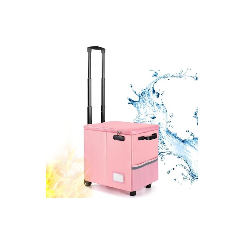 Fireproof File Box with Wheels and Telescopic Handle, Foldable Utility