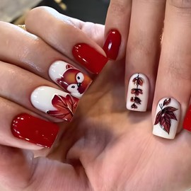 Red Thanksgiving Press on Nails Fall Maple Leaf False Nails Medium Square Autumn Acrylic Nail Glossy Maple Leaves Glue on Nail for Women