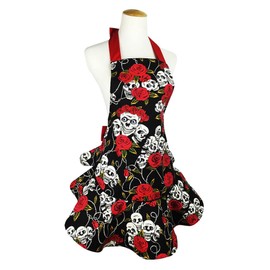 TLY Womens Cute Floral Skull Skirt Canvas Apron Halter Tie with Pocket