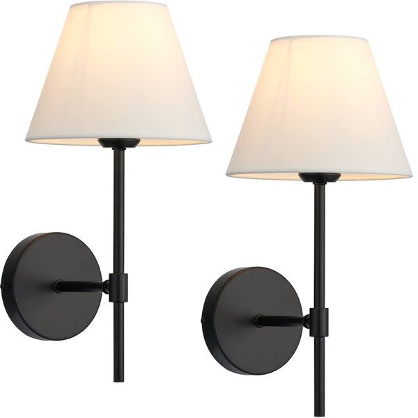 PASSICA DECOR Wall Sconce Set of Two 2 Pack Modern Classic Black Metal Lamp Industrial White Fabric Wall Light Fixtures for Bedroom Bathroom Farmhouse Reading Fire Place Living Room