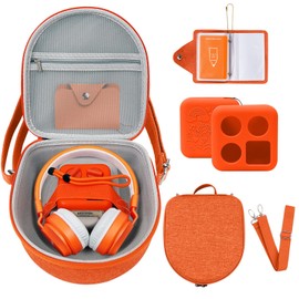 Hard Case Compatible with Yoto Mini (2024 Edition), 3-in-1 Travel Bundle: Silicone Cover + Case with Shoulder Strap (Fits Mini Player & Headphones) + Up To 10 Card Holder for YOTO Cards (Orange)
