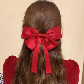 W WEILIRIAN Silk Satin Hair Bows Long Red Bow Hair Clips Satin Hair Barrettes Clip French Hair Barrette Scrunchies Ponytail Accessories Jewellery for Women Girls Gifts (Red)