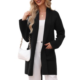 Totatuit Women's Cardigans with Belt Lightweight 2024 Fall Casual Dressy Long Sleeve Open Front Knit Long Cardigan Sweater Jacket Coatigan with Pockets Black L