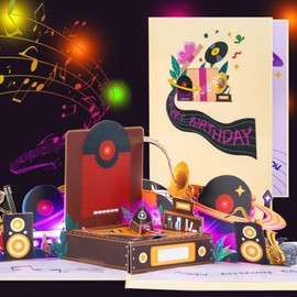 Musical Pop-Up Birthday Card with Lights, 3D Turntable Design, Plays Happy Birthday Melody, Handmade Greeting Card with Envelope, Birthday Card for Men, Women, Music Lovers