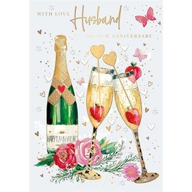 Husband Anniversary Card - Strawberry Champagne and Flowers with Embossed Foil Details - Eco-Friendly - by Words and Wishes