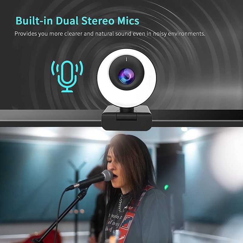60FPS 1080P Auto-Focus HD Webcam with Ring Light and Privacy