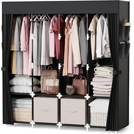 Mavivegue Clothes Organizer with 4 Hanging Rods, Portable Closet Wardrobe, Non-Woven Fabric Cover, Large Capacity Storage for Bedroom and Living Room,Black