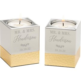 Personalization Universe Laurels of Love Engraved Silver & Gold Hammered Metal Candle Holders