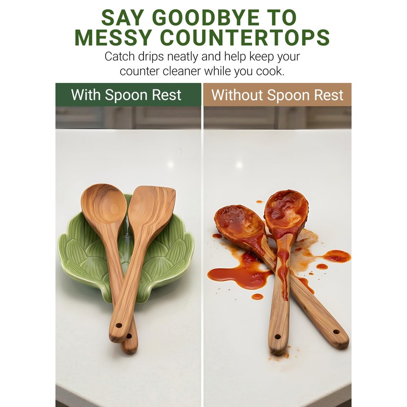 Green Leaf Spoon Rest, Ceramic Utensil Holder for Stove Top