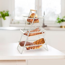 FAYAMILA 3 Tier Fruit Basket with Wooden Handles Multifunctional Kitchen Counter & Dining Organizer for Fruit, Vegetable, Bread Storage