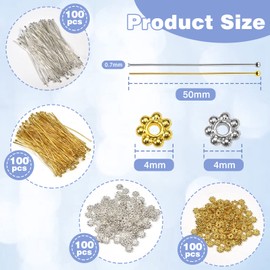 TOAOB 200 Pieces Silver Tone Golden Copper Rivet Pins Ball Head 50 mm with 200 Pieces Metal Petal Spacer Beads for Earring Jewellery Making