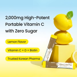 Vita Pop Korean Vitamin C Powder 2,000mg High Absorption, Zero Sugar, Lemon Flavor, Vitamin D & Biotin for Skin Health, Dietary Vitamin C Supplement for Immune Support, Non-GMO, 100 Packets
