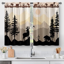 Kitchen Curtains - Forest Sunset Country Rustic Farmhouse Short Cafe Tier Curtains for Dining Room, Sink, Retro Tree Bear Deer Rod Pocket Window Drapes, 36 Inch Length, 2 Panels
