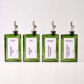 MUVEKA Olive Oil Dispenser Bottle for Kitchen, Vinegar Dispenser Bottle Set, Glass Sauce Container, Oil Cruet with Labels, Brush, Funnel, Stoppers, Green for Wine