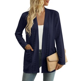 Yincro Women's Lightweight Open Front Cardigan Casual Long Sleeve Loose Cardigans with Pockets (Navy Blue, 2XL)