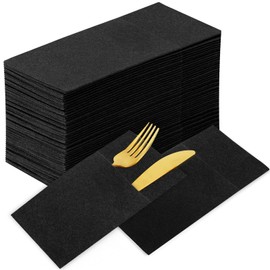 KAMMAK Black Napkins Disposable with Pocket Wedding Decorative Dinner Paper Napkins 100 Pack Linen Feel Prefolded Guest Hand Towels for Party Decoration, Cocktail Reception, Hotel (16.5 x 16.5 inch)