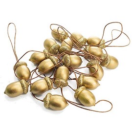 Gisela Graham 18 Wooden and Glitter Acorn Hanging Ornaments - Gold Painted