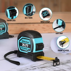 DURATECH Magnetic Tape Measure 25FT with Fractions 1/8, Retractable Measuring Tape, Easy to Read Both Side Measurement Tape, Magnetic Hook and Shock Absorbent Case for Construction, Carpenter
