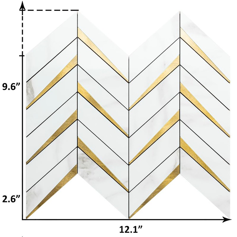 DICOFUN Polished White Marble PVC Mixed Metal Gold Herringbone Tile