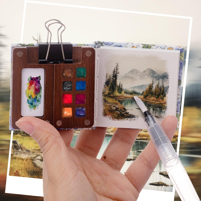 Qilery Mini Portable Watercolor Palette Set Wooden Grid Paint Box