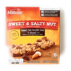 Millville granola bars sweet & salty nut Peanut, almond & Dark chocolate chunk,100% whole grain 7.4oz(1.2oz x 6bars), pack of 1