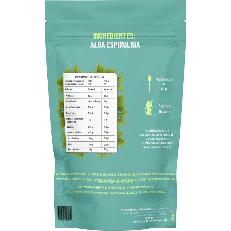 Daimel | Alga Espirulina Pura En Polvo 1kg Superfood Orgánica