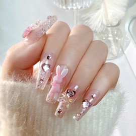 HAPVITAL 24 Pieces Popular Nail Tips, False Nail Tips, 3D Handmade Japanese Style, Bride Nails, Glossy False Nails, Weddings, Cute, Long, Bridesmaids, Double-Sided Tape, Butterfly, 3D Dimensional Feel