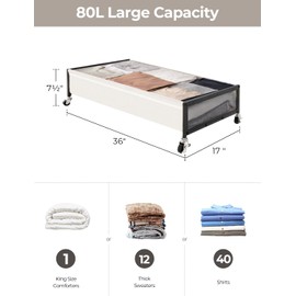 StorageWorks Under Bed Storage with Wheels, 2-Pack Underbed Storage Containers, 80L Closet Organizer Bins for Clothes, Blankets, Sweater, Beige