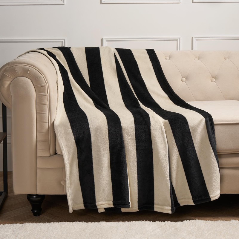 OHS Ultra Soft Stripe Print Throw, Mono - 125X150Cm
