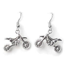 Motorcycle – Dirt Bike - 19x22mm - Silver alloy charm dangle earrings. Hypoallergenic Stainless-Steel Fishhook or Silver Plated Ball-Post, or Clip-on Earrings Opt.