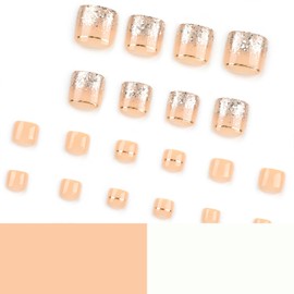 24 Pcs Nude Press on Toenails - Glitter Toenail Press ons Acrylic Fake Nails French Gel X Nail Tips Full Cover False Toenails with Nail File Stick Jelly, Summer Short Square Fake Toe Nails for Women