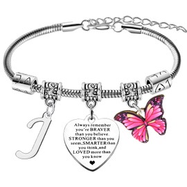 Always Remember You are Braver Inspirational Bracelets for Women Letter A-Z Initial Bracelet Butterly Charm Bracelet Motivational Butterlies Birthday Gifts for Family Friends (Letter J Bracelet)
