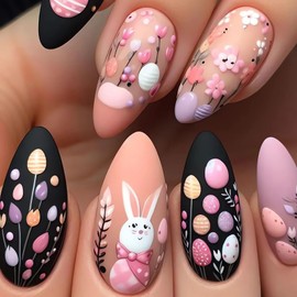 Pink Easter Press on Nails Almond Fake Nails Matte Spring False Nails Tips with Cute Rabbit and Flower Designs Easter Egg Acrylic Nails Press Easter Day Glue on Nails Medium Stick on Nails for Women
