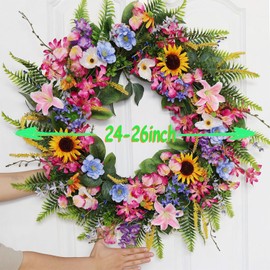 BINFEN 24-26 Inch Summer Spring Wreath Fake Silk Yellow Sunflowers Pink Lily Wild Flowers Floral Wreath with Green Fern Leaves for Front Door Window Wall Wedding Farmhouse Festival Décor