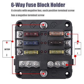 MICTUNING 6-Way Fuse Block Holder-Blade Fuse Box Screw Nut Terminal with Negative Bus,7.5A 5A 10A 15A 20A 25A Fuses,LED Indicator,Sticker Labels for Automotive Car Marine Box