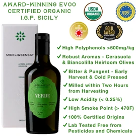 Green Robust Organic 500+ mg/kg Polyphenols Rich Italian Extra Virgin Olive Oil from Italy, 2025 Gold Award, High Antioxidants Peppery Finish, Sicily Certified Origins, Cold Pressed - 16.9 fl oz