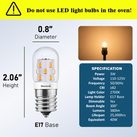 Maelsrlg LED Microwave Light Bulbs Under Hood, E17 LED Bulb Dimmable for Range Hood 40W Equivalent, 3W 380 Lumens, LED Appliance Light Bulb Over Stove, Soft White 2700K, 2 Pack