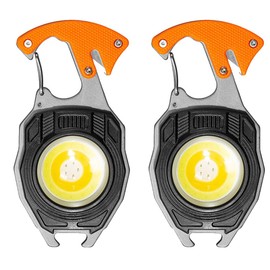 BY-J 2-Pack LED Small Flashlight Multitool, Rechargeable Keychain Light, COB Multi-Function Mini Work Light, 500 Lumens 7 Lighting Modes with Lighter, Seat Belt Cutter, Screwdriver, Whistle, Orange
