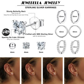 JeweBella 6 Paar Ohrstecker Silber 925 für Damen Mädchen Ohrringe Creolen Silber Hypoallergen 925 Sterling Silber Pin Zirkonia Ohrringe Knorpel Set Klein Schlafen Kreolen Ohrringe