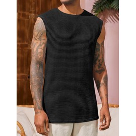 Runcati Mens Waffle Tank Tops Sleeveless T-Shirts Athletic Muscle Summer Beach Hippie Shirts Black