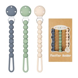 TYRY.HU Silicone Pacifier Holder Clip with One Piece Beads for Baby Boys and Girls, 3 Pack Soft Flexible Rust-Free Binky Clips with Texture, Baby Essentials, Keeps Pacifier Clean, Safe for Newborn