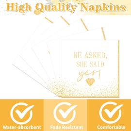 Yoyuspy She Said Yes Decorations - 100 Pcs White and Gold Engagement Party Napkins Decorations, He Asked She Said Yes Wedding Bridal Shower Party Supplies for Women Men 6.5 x 6.5 Inches