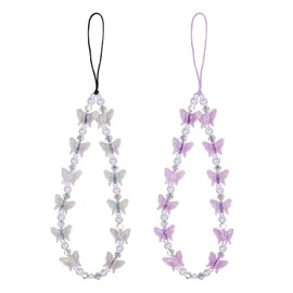 2Pcs Beaded Phone Bracelet Strap, Crystal Butterfly Pearl Beaded Phone Charm Strap Hand Wrist Lanyard for Telephone Keychain Charm for Women Girls (Purple, White)