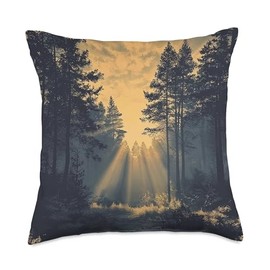 Forest With Sunbeams Vintage Landscape Graphic Throw Pillow