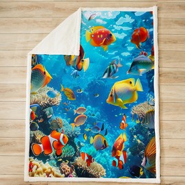 Cute Tropical Fish Kids Throw Blanket,Ocean World Coral Seaweed Bed Blanket for Boys Girls,Sealife Marine Creature Fleece Blanket,Blue Colorful Fuzzy Blanket,Baby Size (30 x 39 Inches)