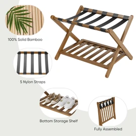 Morwdxef Set of 2 Fully Assembled Luggage Rack for Guest Room, 5 Straps Bamboo Suitcase Stand with Shoe Shelf, 26.77" Wide Foldable Luggage Holder for Bedroom, Hotel (Walnut)