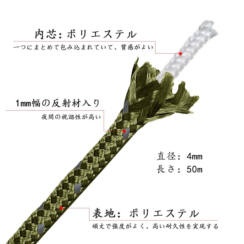 Tent Rope, Reflective Material, Length 166.3 ft (50 m), Diameter