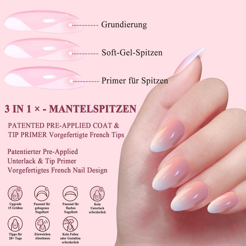 Virellay 360 Pieces Gradient Artificial Fingernails (Pink Gradient Almond, 360
