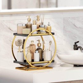 YIWANFW Makeup Organizer for Vanity, Black Gold Perfume Organizer for Dresser, 2-Tier Bathroom Countertop Organizers, Bathroom Counter Shelf Skincare Holder Perfume Tray Cosmetic Display